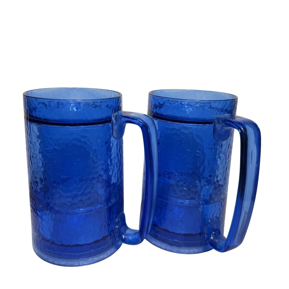 Vtg Thermo-Serv Freezable Cooling Gel Travel Mugs Set Of 2 Dark Blue Made In USA